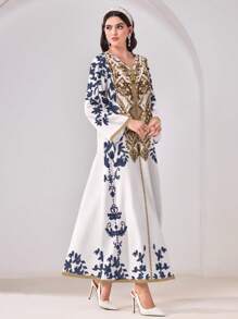 Al Najma Casual Minimalist Allover Print Modest Arabic Style Dress - White - View 5