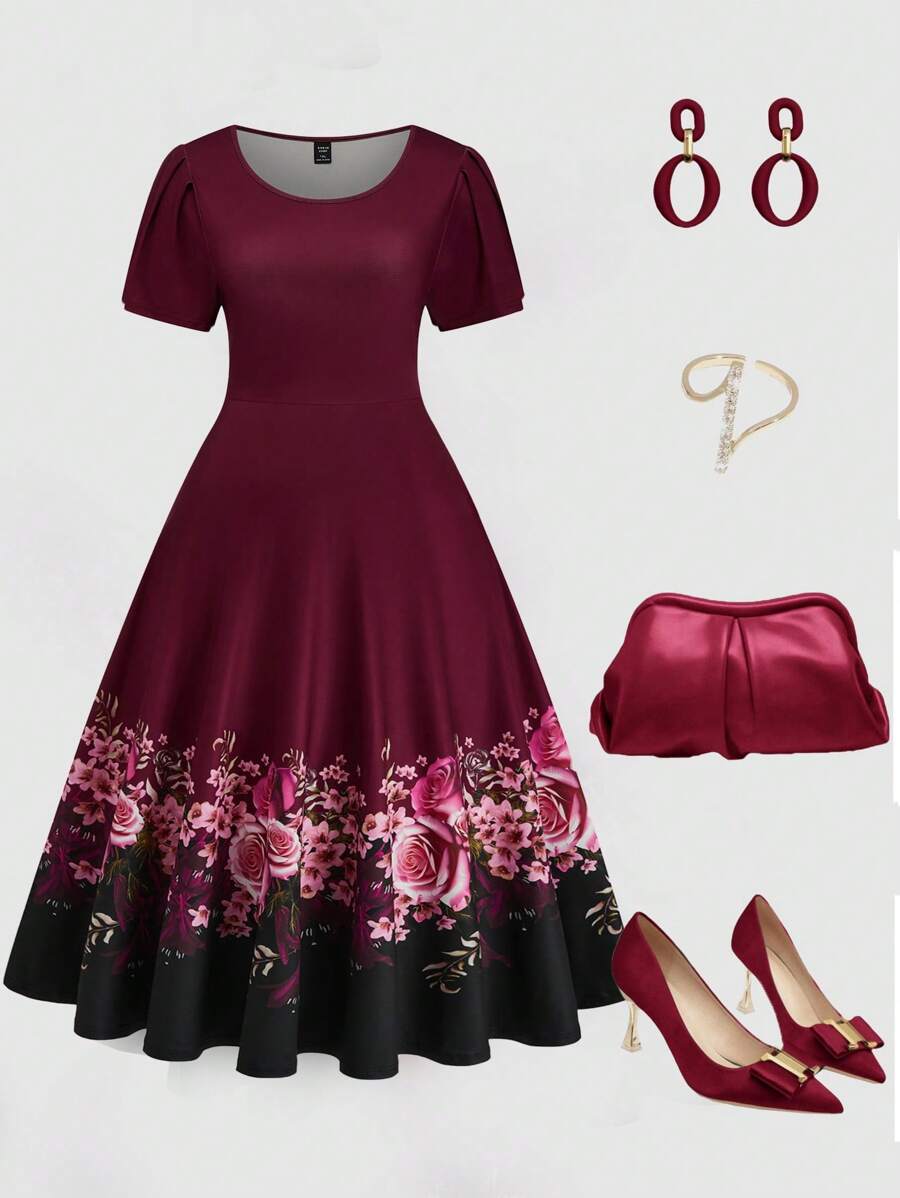 SHEIN Clasi Plus Size Women's Large Floral Placement Print Round Neck Puff Sleeve Aline Elegant Midi Dress - Burgundy - View 1