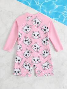 SHEIN Baby Girl Cartoon Cat Print Raglan Sleeve One-Piece Swimsuit With Shorts