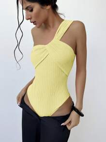 Aloruh 1 bộ đồ liền thân xoắn trước một bên vai có họa tiết màu trơn dành cho nữ, thanh lịch cho đám cưới, tiệc tùng, kỳ nghỉ - Màu vàng - Xem 6