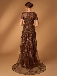 Serin Elegante y lujoso vestido de noche de gasa marrón con parches de encaje bordado en forma de escote en V y cola de sirena con lentejuelas, adecuado para vestidos de noche, fiestas, bodas, luna de miel y madres de la novia