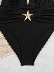 SHEIN 2 件女式性感抹胸短款上衣和金属海星印花连体泳衣套装，春假夏季服装