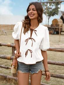 SHEIN LUNE 女士休闲泡泡袖撞色蝴蝶结衬衫，基础款短袖上衣，适合日常穿着，春夏棉质，休闲百搭 - 白色 - 查看 7