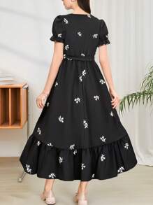 少女夏季度假海滩热带树叶和碎花方领泡泡袖束腰连衣裙、假日、夏季、旅行 - 黑色 - 查看 2