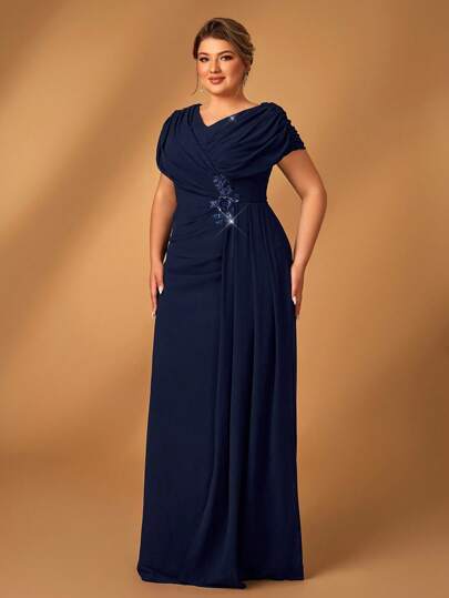 Serin Plus Size Elegant Luxury Heavy Embroidered Navy Ruched A-Line Long Mother Of The Bride Dress