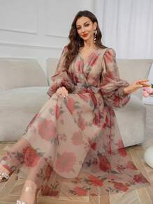 Modelyn Women's Rose Printed Mesh Modest Long Lantern Sleeve Dress With Belt Long Evening Dresses - Multicolor - View 1