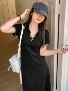 DAZY 女式 V 领休闲条纹中长连衣裙太阳裙衬衫裙