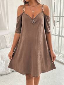 SHEIN 孕妇时尚提花针织半拉链吊带背心连衣裙 - 咖啡棕 - 查看 5