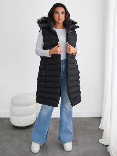 EURMUSE Women's Zip Up Fur Hooded Long Sleeveless Winter Coat