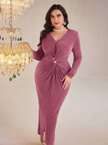 Modelyn Plus Size Women Twist Knot Waist Long Sleeve Bodycon Elegant Dress