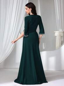 Coutiva Vestido elegante de noche de mujer con falsa perla y punto verde, vestido de fiesta, vestido de invitada de boda
