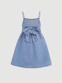Maija Kids Maija Kids Young Girl Cute Bow Knot Denim Spaghetti Strap Dress In Blue,Kid Girls Spring And Summer Casual Vacation Country Boho Wear, Beach Outfits For Kid Girls,Spring Break Outfits,Rave Outfits Festival Denim Dress