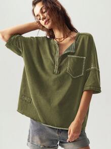 Bohemela 女士休闲纯色针织半开领圆领短袖宽松T恤