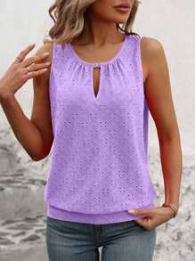 INAWLY Plus Size Mulheres Bordado Decote Em Forma De Fechadura Casual Regata