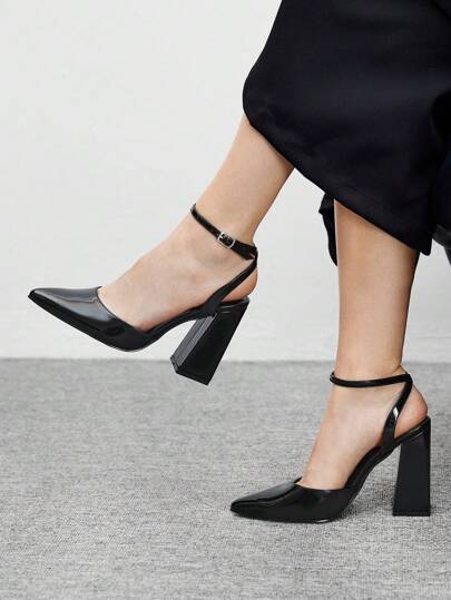 CUCCOO BIZCHIC 时尚黑色漆皮尖头粗跟高跟鞋，通勤、约会、派对、婚礼、度假皆宜。