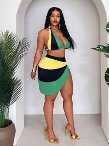 SHEIN Slayr CURVE 大码女式海滩度假巴西拼色三角比基尼上衣搭配高腰丁字裤和裹身纱笼三件套泳衣套装 - 黑色 - 查看 3