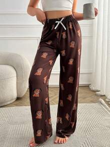 RueChic Women High Quality Soft Touch Viscose Contrast Colour Ribbon With Cute Bear Pattern Lounge Bottom - Brown - View 6