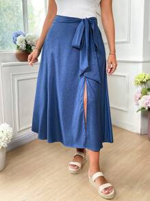 SHEIN LUNE Falda plisada con cintura elástica y decoración de cinta, versátil y cómoda, estilo "Old Money" para mujeres, para brunch, aeropuerto, vaquera, verano, graduación, primavera, verano, graduación, Pascua, vacaciones de verano