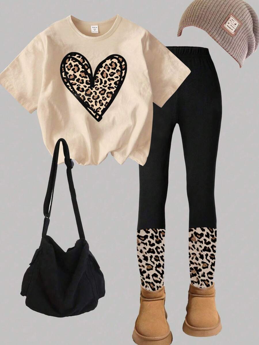 SHEIN Tween Girl Casual Creative Leopard Print Heart Graphic Tee And Legging 2 Pieces Outfit