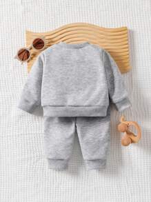 SHEIN Newborn Baby 2‑Piece Outfit, 3D Cartoon Elephant Shoulder Snap Long Sleeve Top & Jogger Pants Set, Infant Casual Tracksuit - Grey - View 10