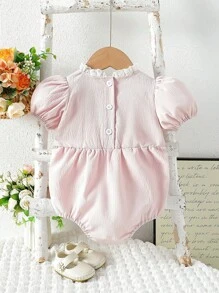 Baby Girls Pink Elegant Bodysuit With Stand Collar Short Sleeves And Eyelet Embroidery Detailing - Baby Pink - View 2
