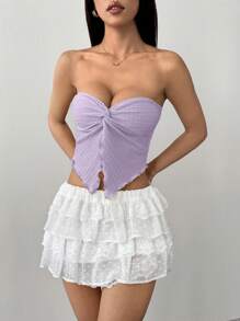 SHEIN PETITE 女装假日鹅黄色针织纹理抹胸中前打结开衩波浪边修身上衣下午茶街头度假秋冬装内外聚会 - 淡紫色 - 查看 4