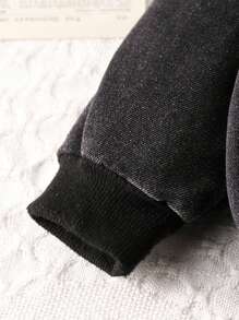 3pcs/Set Baby Boy Fashion Casual High Collar Top, Fleece Denim Jacket And Long Denim Pants Outfit - Black - View 3