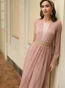 ZEYLAH Women's Long Sleeve Embellished Pleated Midi Dress Without Belt - Rust Brown - View 6