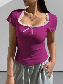 Calvaya Maglietta casual da donna taglie forti con maniche corte, decorata con pizzo a contrasto e fiocco