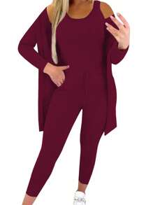 INAWLY 3pcs Women's Solid Color Long Sleeve Jacket, Round Neck Vest And Leggings Casual Set Fall Cloth For Women - Red - View 3