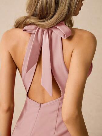 Poéselle Women's Elegant Solid Color Halter Backless Mini Dress,Tea Party Dress,Summer Dresses For Women