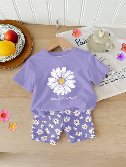 SHEIN Happikins Bohemian Style, Daisy Flower Pattern, Light Purple, Young Girl Casual Loose Short Sleeve T-Shirt And Shorts 2 Pieces Set, Suitable For Summer Holiday Outfits