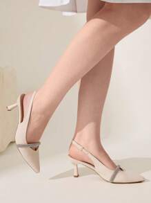 CUCCOO CHICEST 女士尖头水钻链镂空细高跟鞋，优雅中跟正装鞋，经典米色高跟鞋，适合工作、约会、聚会、正式场合