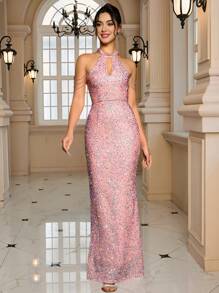 Coutiva Women Elegant Sequin And Rhinestone Chain Decorated Halter Neck Mermaid Evening Gown, Luxury Evening Long Dress, For Music Festival Spring/Summer, Party Dress, Wedding Guest Dress, Formal Dress - Baby Pink - View 1