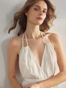 女士条纹休闲连体裤配吊带家居服 - 米色 - 查看 4