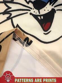 SHEIN Super Cats Baby Boy Casual Cartoon Cat & Rabbit Pattern Loose Fit Round Neck Short Sleeve T-Shirt, Suitable For Summer