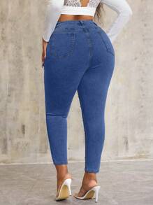 SHEIN SXY Plus Size Stretchy Denim Blue Skinny Pants With Pearl Decor - Medium Wash - View 2