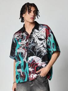 ROMWE MEN Anime 男士简约时尚夏季衬衫 - 黑色 - 查看 1