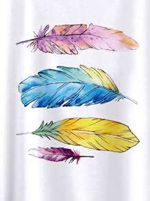 SHEIN LUNE 羽毛印花蝙蝠袖 T 恤 图案 T 恤 女式上衣 - 白色 - 查看 5