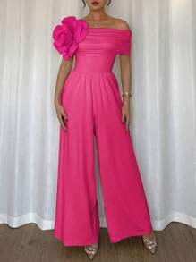 Chiquease Elegant Sexy 3D Flower Romper With Off-Shoulder Design For Women - Hot Pink - View 3