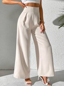 SHEIN Tall Women's Solid Color High Waist Pleated Wide Leg Casual Pants