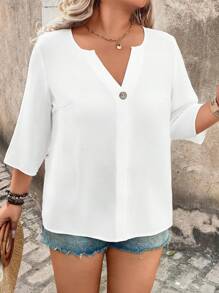 EMERY ROSE Plus Size Women Solid V-Neck Button Front Shirt With Wooden Buttons, Casual And Minimalist Wear