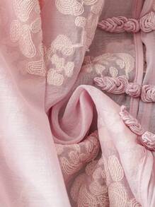 SHEIN 2pcs Women National Style Long Sleeve Button-Up Shirt And Shorts Set, Pink