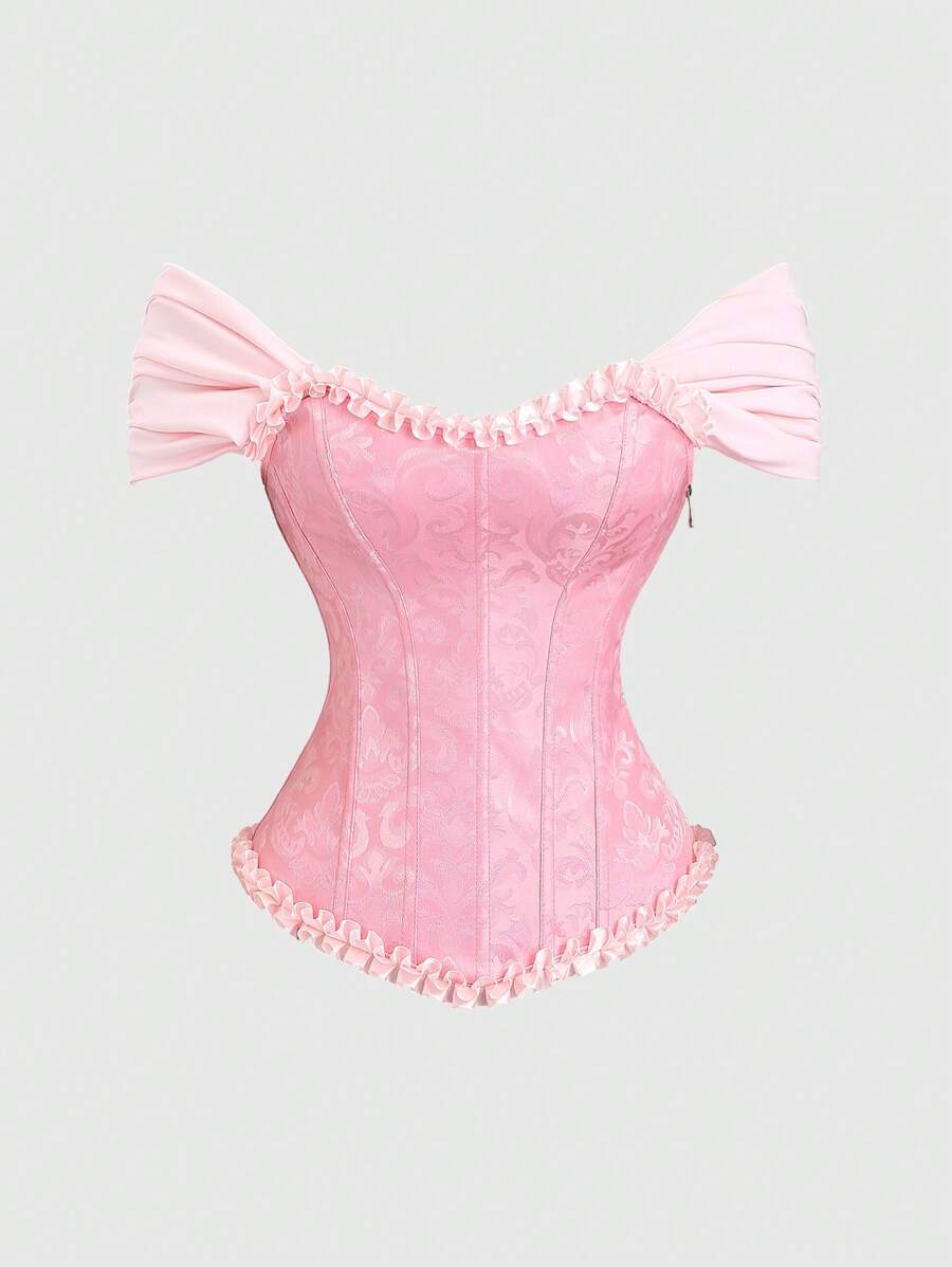 Sweetra Blusa justa com babados jacquard e ombros de fora feminina - Rosa - Ver 1