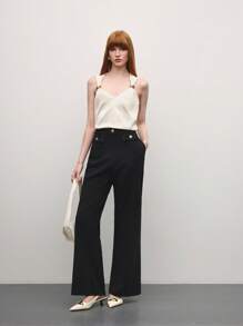 SHEIN BIZwear 女士优雅休闲工作装、约会、通勤、度假金属扣黑色裤子，春夏 - 黑色 - 查看 3