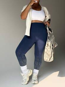 Easithlete Plus Size Women Seamless Reflective Dot Print Sports Leggings - Navy Blue - View 2