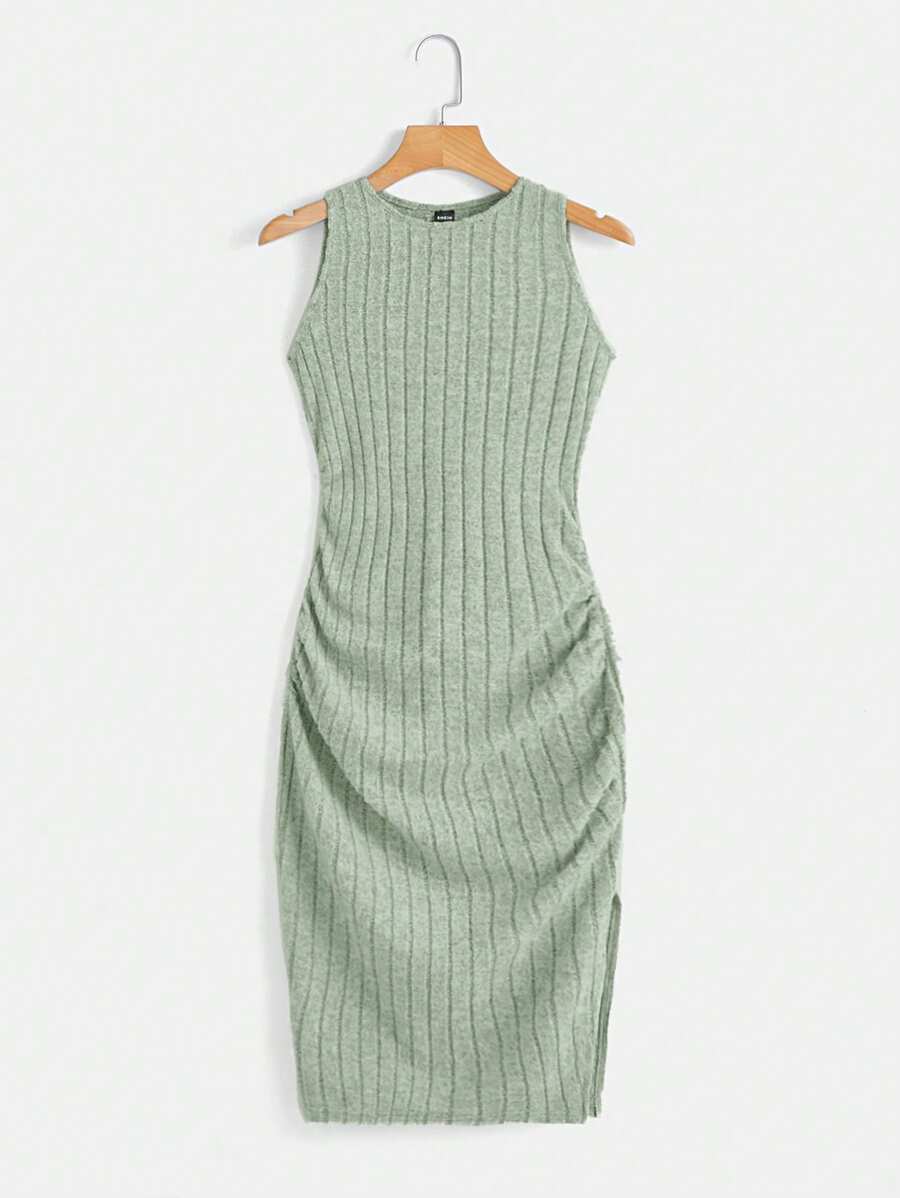 SHEIN EZwear Solid Ruched Ribbed Knit Split Thigh Dress,Sage Green Dress - Mint Green - View 1