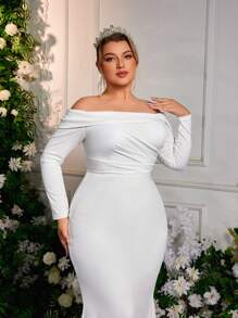 Glamrae 大码优雅奢华白色露肩长袖花卉拼布拖尾婚纱，新娘 - 白色 - 查看 4