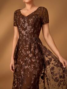 Serin Elegante y lujoso vestido de noche de gasa marrón con parches de encaje bordado en forma de escote en V y cola de sirena con lentejuelas, adecuado para vestidos de noche, fiestas, bodas, luna de miel y madres de la novia