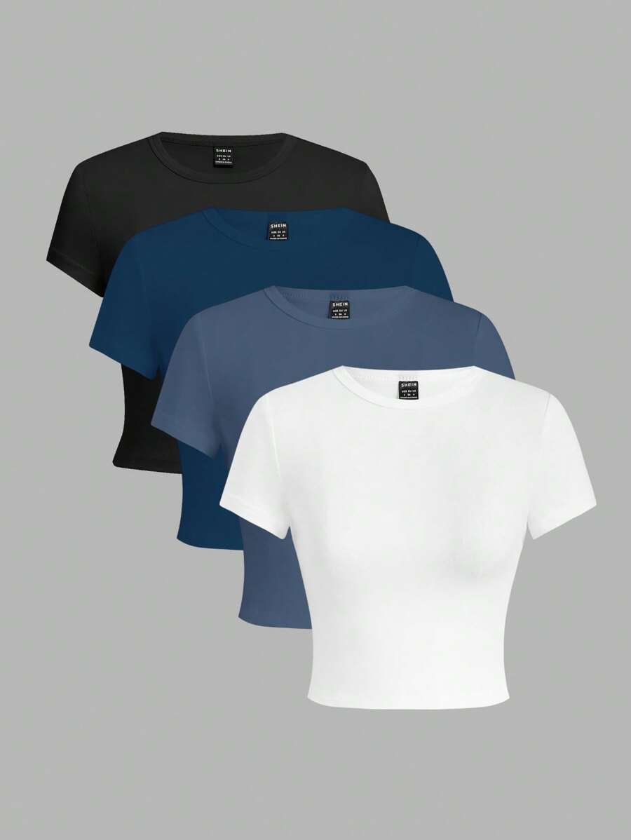 SHEIN EZwear Conjunto de 4 camisetas de mujer de manga corta, cuello redondo, ajuste ceñido, apropiadas para el verano - Multicolor - Ver 1